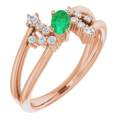 14 Karat Rose Gold Emerald and 0.15 Carat Diamond Bypass Ring