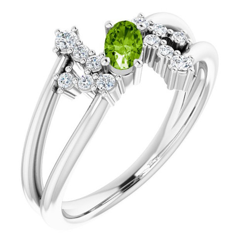 Peridot Gemstone Ring in Platinum Peridot and 0.15 Carat Diamond Bypass Ring