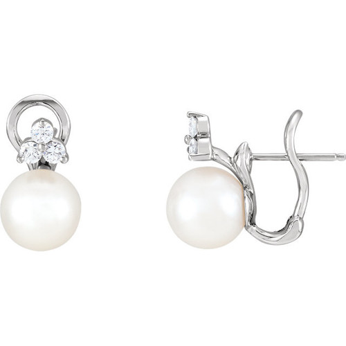 14 Karat White Gold Freshwater Pearl and 0.40 Carat Diamond Earrings