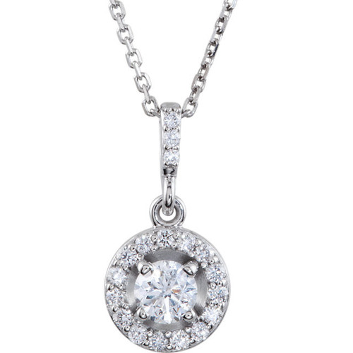 White Diamond Necklace in 14 Karat White Gold 0.50 Carat Diamond Halo Style 18 inch Necklace