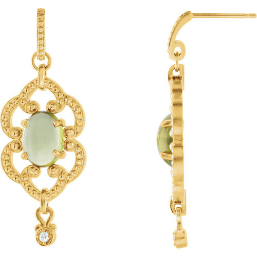 14 Karat Yellow Gold Peridot and .03 Carat Diamond Earrings