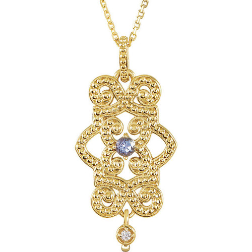 14 Karat Yellow Gold Tanzanite & Diamond Granulated Design 18" Necklace