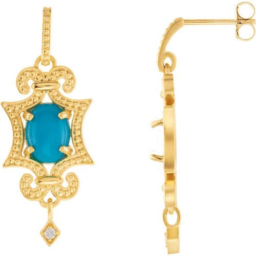 14 Karat Yellow Gold Turquoise and .03 Carat Diamond Earrings