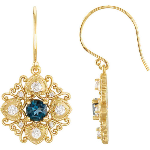 Buy 14 Karat Yellow Gold London Blue Topaz and 0.50 Carat Diamond Vintage Style Earrings