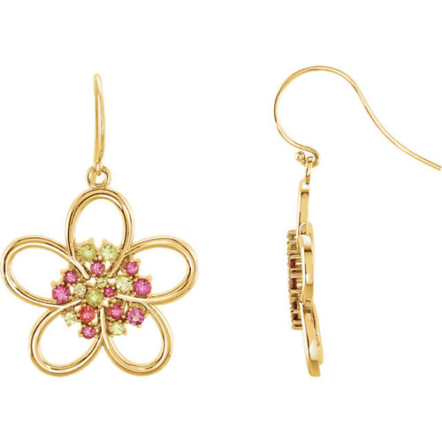 14 Karat Yellow Gold Gold Peridot and Pink Tourmaline Flower Earrings