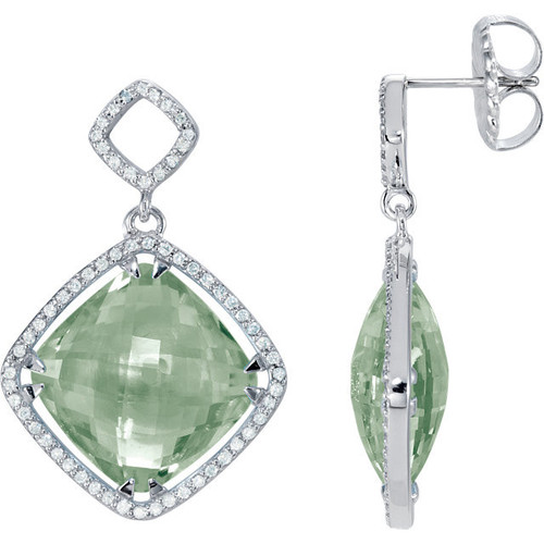 Genuine Sterling Silver Green Quartz and 0.60 Carat Diamond Earrings