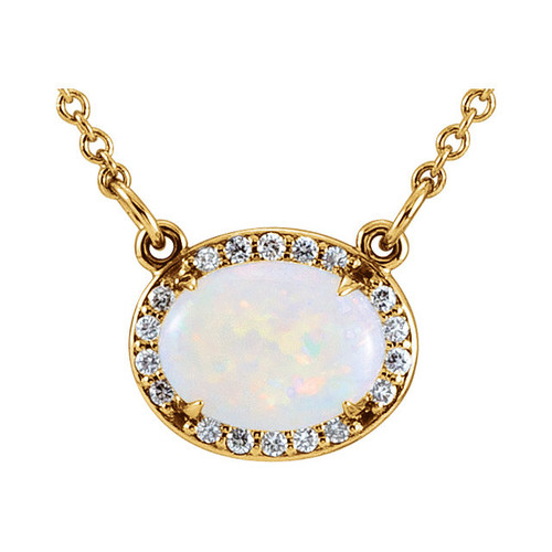 14 Karat Yellow Gold Opal and .05 Carat Diamond Halo Style 16.5 Necklace