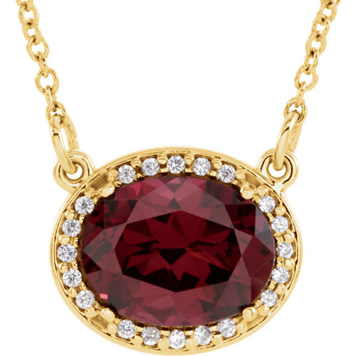 14 Karat Yellow Gold Rhodolite Garnet and .05 Carat Diamond 16 inch Necklace