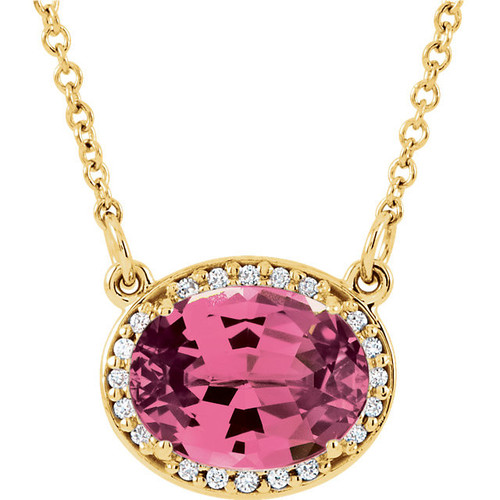 Genuine  14 Karat Yellow Gold Pink Tourmaline and .05 Carat Diamond  16.5 Necklace