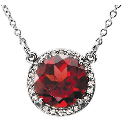 14 Karat White Gold 8mm Round Mozambique Garnet and .05 Carat Diamond 16 inch Necklace