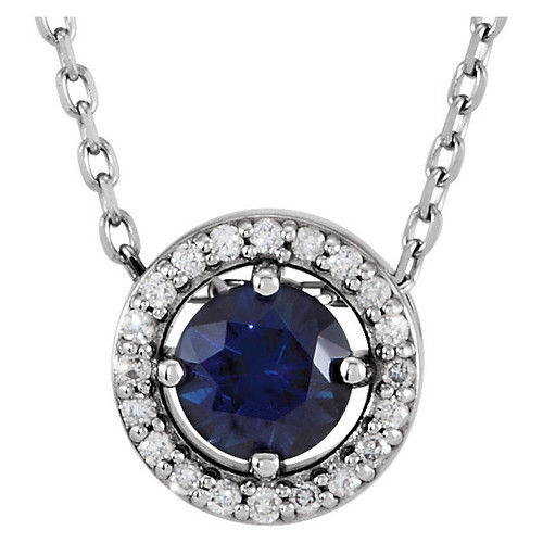 14 Karat White Gold Blue Sapphire and .05 Carat Diamond 16 inch Necklace