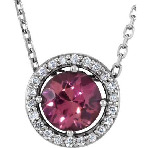 14 Karat White Gold Pink Tourmaline and .05 Carat Diamond 16 inch Necklace