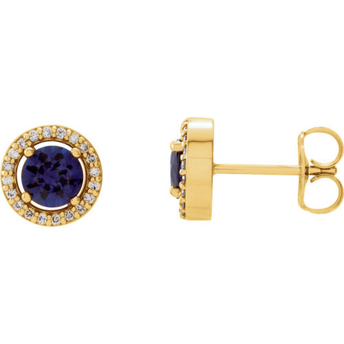 Shop 14 Karat Yellow Gold Blue Sapphire and 0.12 Carat Diamond Earrings