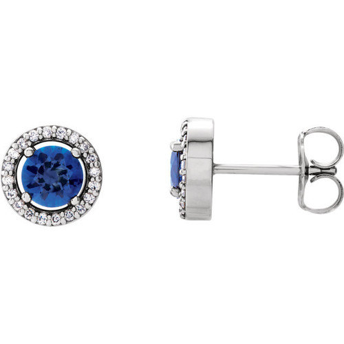 14 Karat White Gold Round Genuine Blue Sapphire and 0.10 Carat Diamond Earrings
