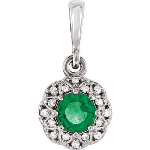 14 Karat White Gold Emerald and .04 Carat Diamond Halo Style Pendant