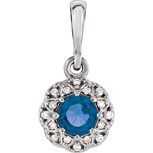 14 Karat White Gold Sapphire and .04 Carat Diamond Halo Style Pendant