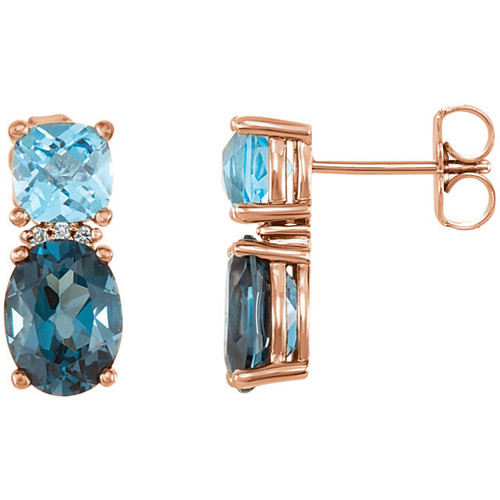 14 Karat Rose Gold London Blue Topaz, Swiss Blue Topaz and .01 Carat Diamond Earrings