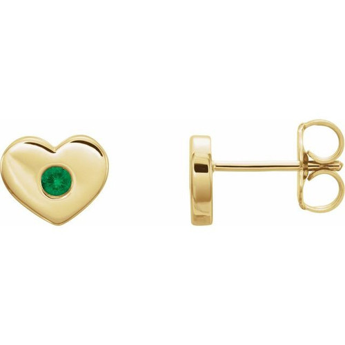 14 Karat Yellow Gold Lab Created Emerald Heart Earrings