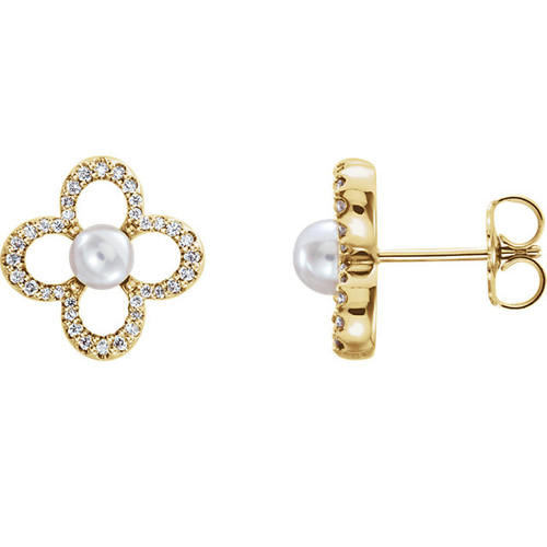 14 Karat Yellow Gold Freshwater Pearl and 0.25 Carat Diamond Earrings