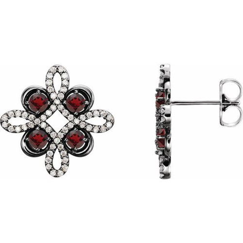 Red Garnet Gems set in Platinum Mozambique Garnet and 0.25 Carat Diamond Earrings