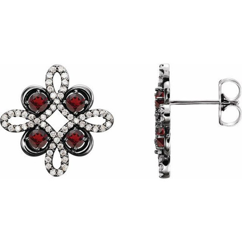 Red Garnet Gems set in Sterling Silver Mozambique Garnet and 0.25 Carat Diamond Earrings