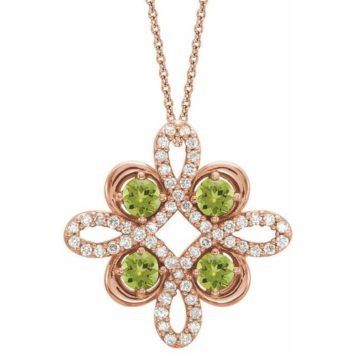 Peridot Gem in 14 Karat Rose Gold Peridot and 0.17 Carat Diamond Clover 18 inch Necklace