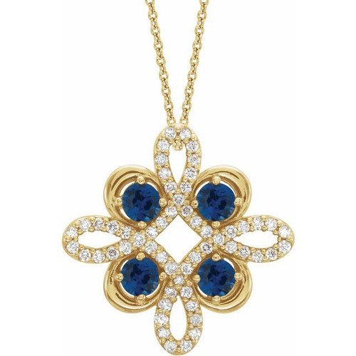 Sapphire Gem in 14 Karat Yellow Gold Sapphire and 0.17 Carat Diamond Clover 18 inch Necklace