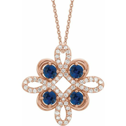 Genuine Sapphire Necklace in 14 Karat Rose Gold Genuine Sapphire & .17 Carat Diamond Clover 18" Necklace  
