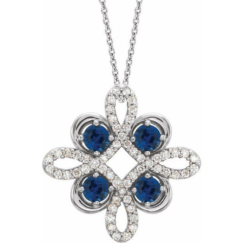 Platinum Aquamarine Gem and 0.17 Carat Diamond Clover 18 inch Necklace