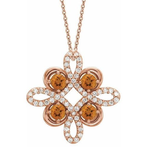 Golden Citrine Gem in 14 Karat Rose Gold Citrine and 0.17 Carat Diamond Clover 18 inch Necklace