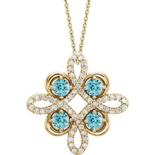 Blue Blue Zircon Gem in 14 Karat Yellow Gold Blue Zircon and 0.17 Carat Diamond Clover 18 inch Necklace