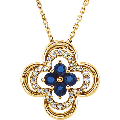 14 Karat Yellow Gold Blue Sapphire and 0.10 Carat Diamond 18 inch Necklace