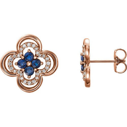 14 Karat Rose Gold Blue Sapphire and 0.20 Carat Diamond Clover Earrings