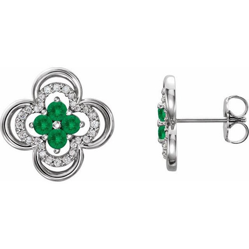 Sterling Silver Emerald and 0.20 Carat Diamond Clover Earrings