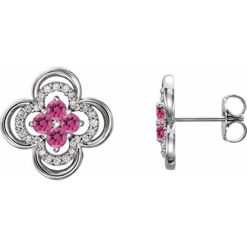 Platinum Pink Tourmaline and 0.20 Carat Diamond Clover Earrings