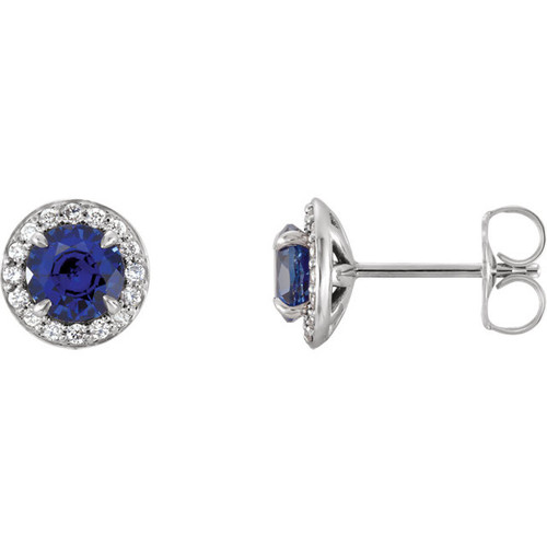 Buy 14 Karat White Gold 5mm Round Lab Created Blue Sapphire and 0.17 Carat Diamond Earrings