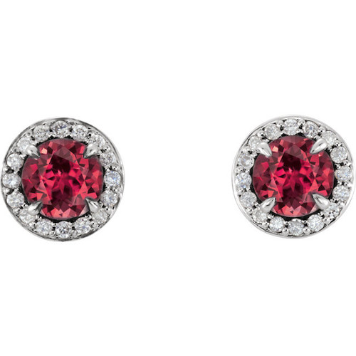 14 Karat White Gold 5mm Round Ruby and 0.17 Carat Diamond Earrings