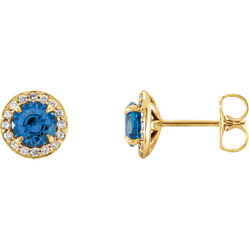 14 Karat Yellow Gold 5mm Round Blue Sapphire and 0.17 Carat Diamond Earrings