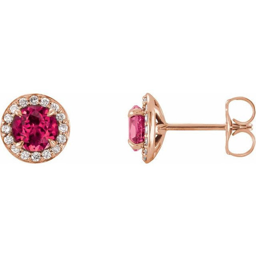 14 Karat Rose Gold 5 mm Round Lab Created Ruby and 0.13 Carat Diamond Earrings