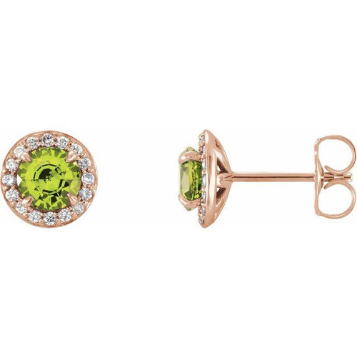 14 Karat Rose Gold 5 mm Round Peridot and 0.13 Carat Diamond Earrings