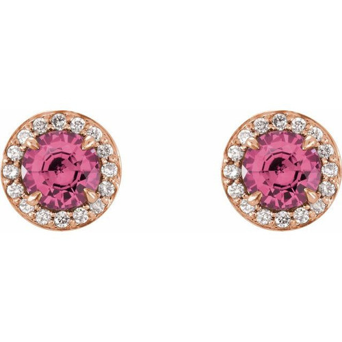 14 Karat Rose Gold 5 mm Round Pink Tourmaline and 0.13 Carat Diamond Earrings