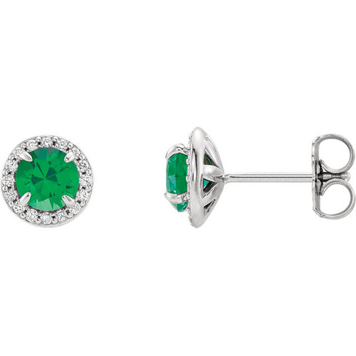 14 Karat White Gold 3.5mm Round Lab Created Emerald and 0.17 Carat Diamond Earrings
