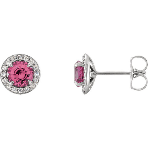 14 Karat White Gold 3.5mm Round Tourmaline and 0.12 Carat Diamond Earrings