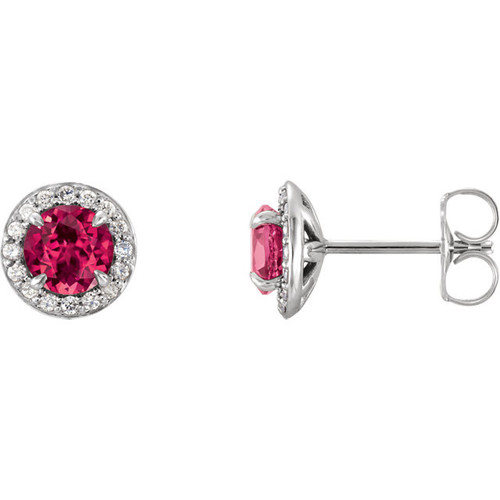 14 Karat White Gold 4mm Round Lab Created Ruby and 0.12 Carat Diamond Earrings