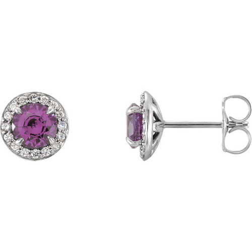 14 Karat White Gold 4.5mm Round Amethyst and 0.17 Carat Diamond Earrings