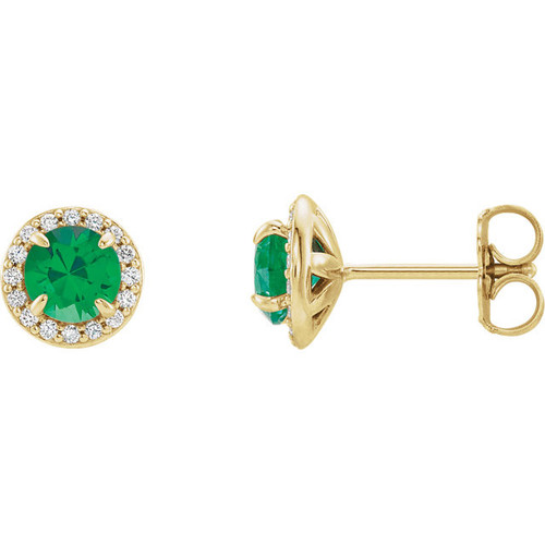 Buy 14 Karat Yellow Gold 4.5mm Round Emerald and 0.17 Carat Diamond Earrings
