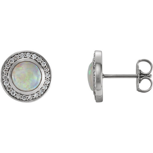 14 Karat White Gold 6mm Opal and 0.20 Carat Diamond Halo Style Earrings