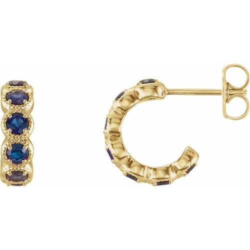 14 Karat Yellow Gold Lab Created Blue Sapphire Hoop Earrings