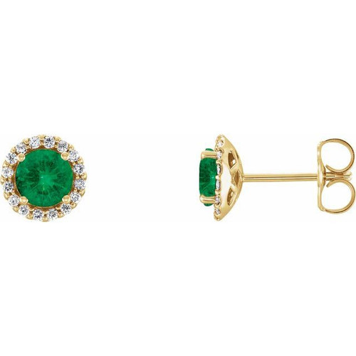 14 Karat Yellow Gold Emerald and 0.16 Carat Diamond Earrings