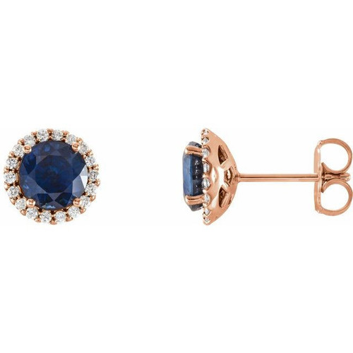 14 Karat Rose Gold Lab Created Blue Sapphire and 0.16 Carat Diamond Earrings